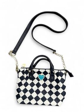 Betsey Johnson Black + White Checkered Leather Shoulder Bag with Turquoise Heart